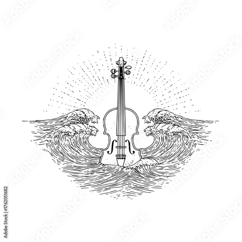 Violin illustration with ocean waves artistic design for music lovers and string instrument enthusiasts alike