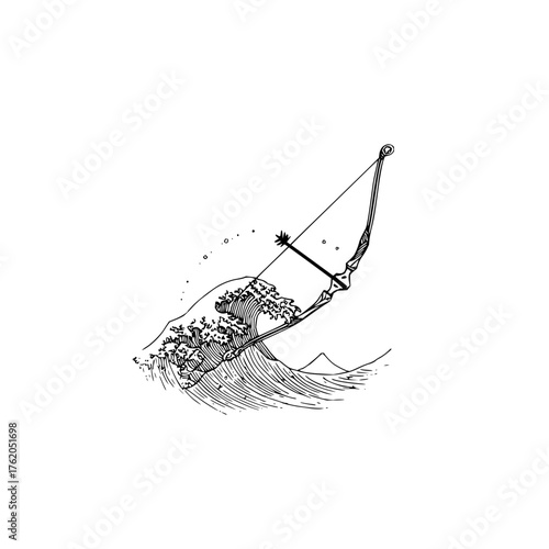 Bow and arrow illustration with ocean wave art drawing for archery target practice and hunting sports design