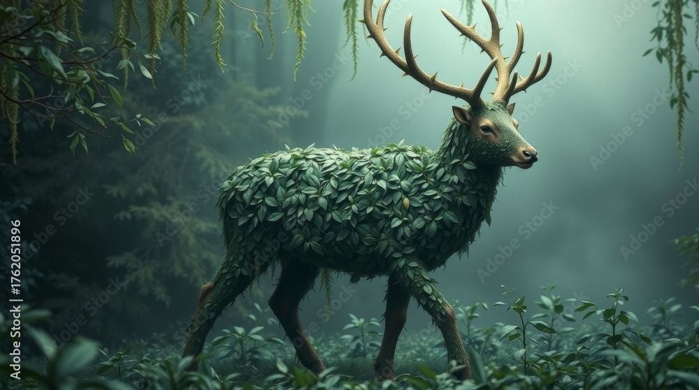 Fototapeta premium Majestic deer covered in lush green leaves walking through a misty forest with enchanting natural light filtering through trees