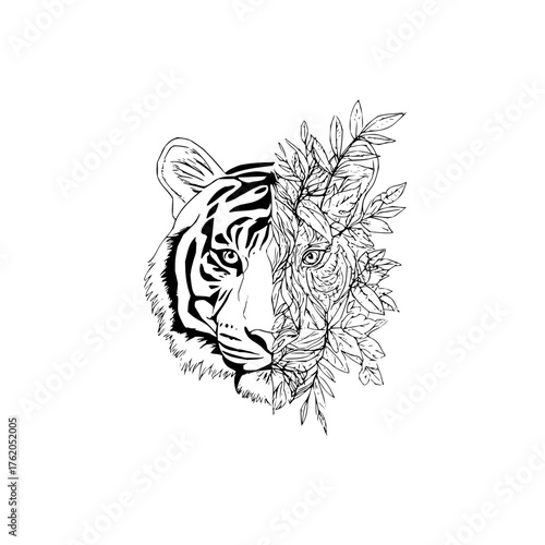 Tiger line art drawing half face floral design vector illustration for print and tattoo design idea