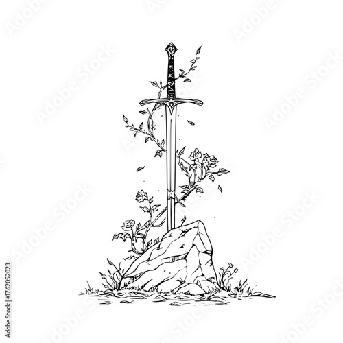 Sword in the stone vector art excalibur drawing fantasy medieval legend king arthur illustration design 100