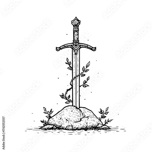 Sword in the stone vector art excalibur illustration fantasy drawing medieval legend king arthur sketch design