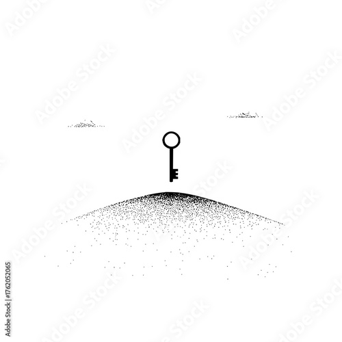 Key to success concept illustration minimal stipple art black and white key on top of hill achievement goal 100