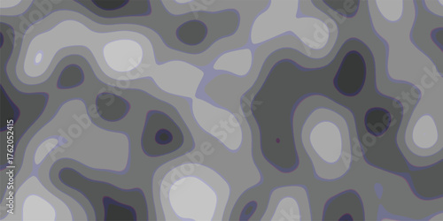 Seamless abstract topographic contour map design with flowing organic shapes and layered gray color gradients bordered by thin purple lines for versatile background use