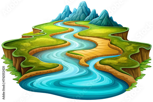 flowing river outline carving a path through a series of geometric landmasses Minimalist line art