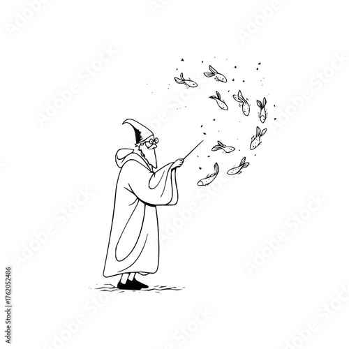 Wizard casting fish spell illustration magical fantasy art drawing vector design for print and web use