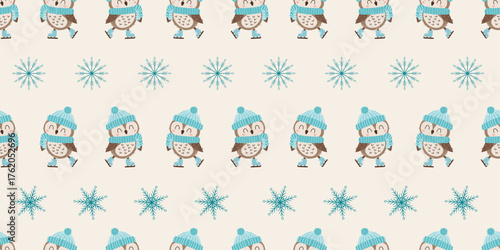 Winter seamless pattern with a cute ice-skating owl