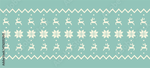 A seamless pattern for the Christmas and New Year holidays. A knitting pattern featuring a fair isle motif with Scandinavian snowflakes and reindeer for hats, sweaters, jumpers, and paper.