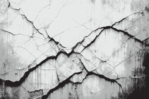 Cracked wall texture in grayscale tones, ideal for grunge backgrounds, restoration concepts, and vintage graphic design.