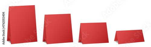 Set of table cards. Red bent sheets of different sizes. Tent table card, nameplate	
