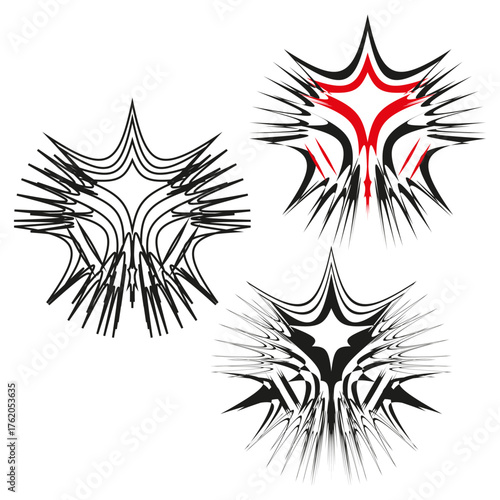 Sharp starburst element. Distressed red accents. Grunge spike shapes. Vector dynamic abstract.