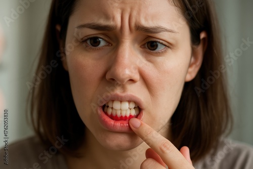 Woman pointing at inflamed bleeding gums experiencing dental pain