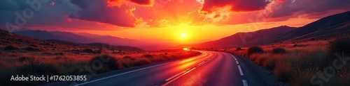 Winding Asphalt Road Vanishing into a Vibrant Sunset A Journey into the Unknown, Symbolizing Progress, Ambition, and the Exciting Future Ahead