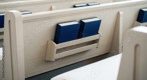 Elegant church pews with hymn books in wooden holders: perfect for religious event design and decor