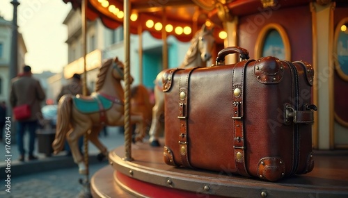 Vintage Suitcase on Carousel Awaiting a Journey of Adventure and Nostalgia