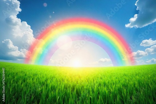 Rainbow Arch over Lush Green Field in Sunlight A Vibrant Nature Scene Perfect for Fantasy and LGBTQ+ Projects