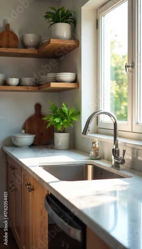 Sparkling Clean Kitchen Sunlight Illuminates Pristine Countertops, Gleaming Sink, and Perfectly Tidy Dishes, Ready for Use.  A picture of domestic hygiene and effortless cleanliness.