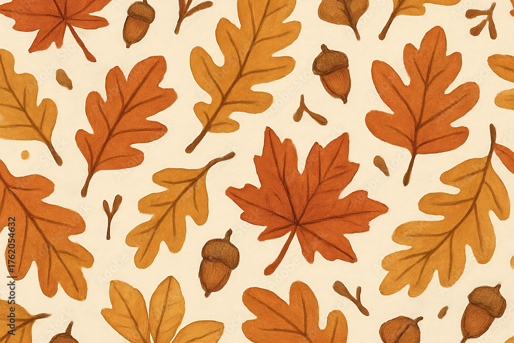 Fototapeta premium Seamless Autumn Pattern with Hand-Drawn Leaves and Acorns on Light Background