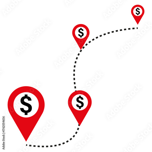 GPS map route. Two dollar location pins. Travel journey Vector. Business navigation graphic.