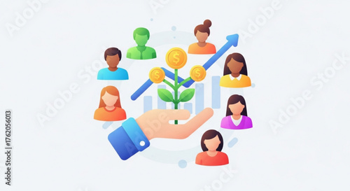 Illustration of a hand holding a plant with coins, surrounded by people, representing growth, investment, and community