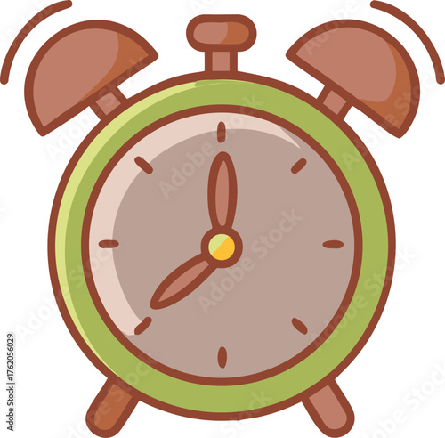 Cartoon alarm clock ringing at midnight with brown and green colors on a white background time