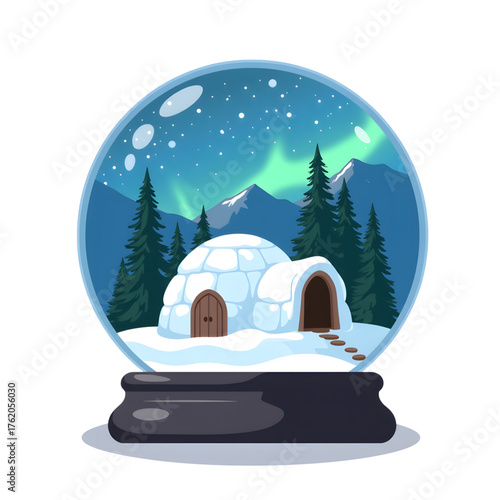 Magical snow globe with igloo and northern lights, winter wonderland