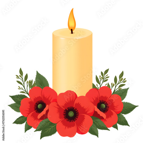 Poppy wreath surrounds candle flame, honoring remembrance
