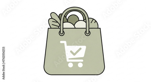 Shopping bag with groceries and a shopping cart icon, representing online grocery shopping and delivery
