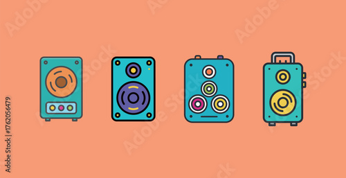Set of Retro Style Speaker and Audio System Icon Vector Illustration. Colorful Loudspeaker Music Equipment Collection.