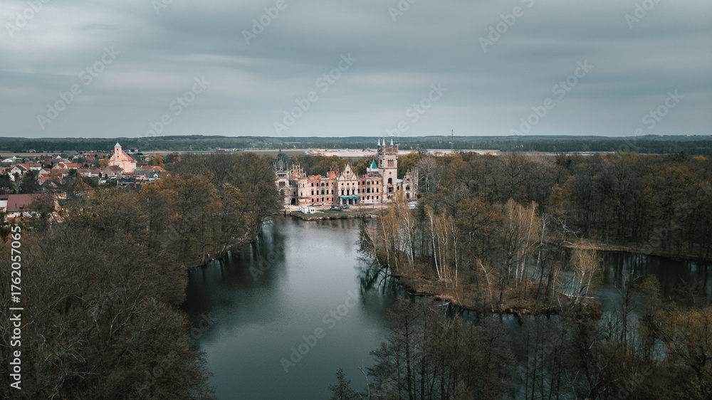 Obraz premium Aerial View of Abandoned and Ruined Palace In Kopice, Opole Voivodeship, Poland