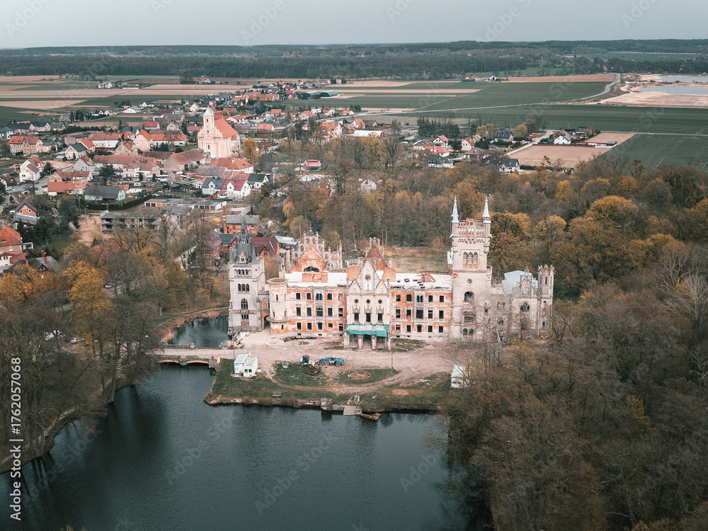 Obraz premium Aerial View of Abandoned and Ruined Palace In Kopice, Opole Voivodeship, Poland