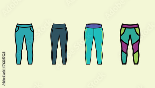 Set of Colorful Women's Fitness Leggings Icon Vector Illustration. Athletic Activewear for Workout and Yoga Collection.