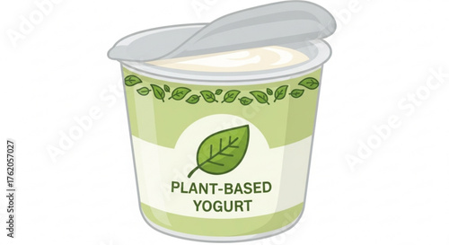 Plant based yogurt in a container healthy vegan food concept with green leaves and plant based label