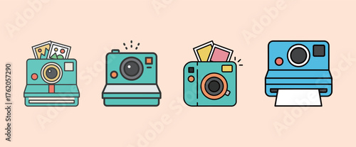 Set of Instant Camera Icon Vector Illustration. Vintage Polaroid Photography Equipment Collection.