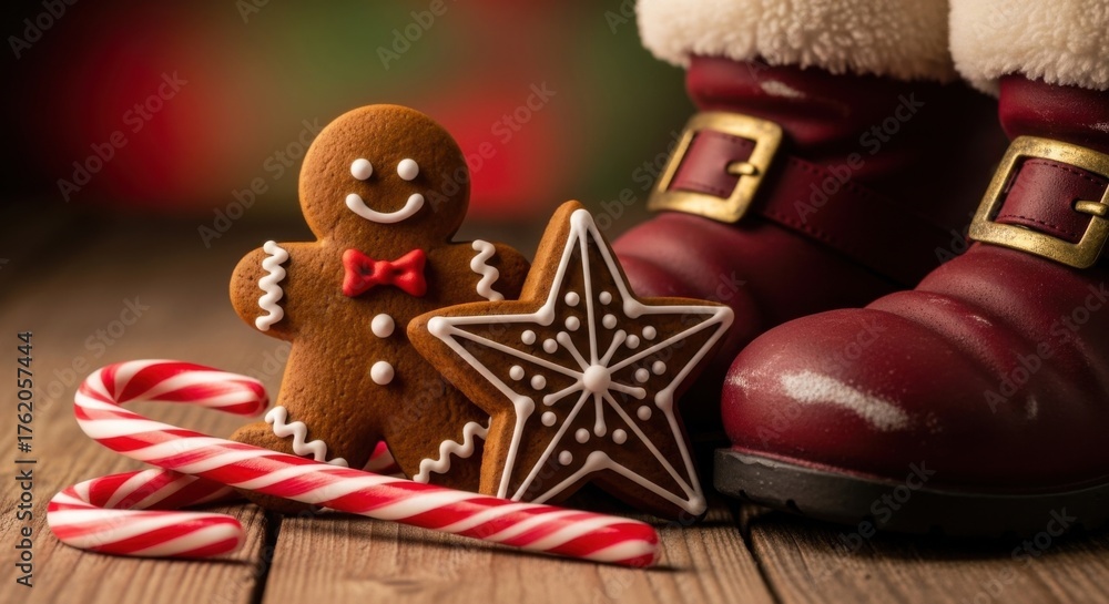 Obraz premium Festive christmas gingerbread cookie and candy cane scene with santa boots for holiday design