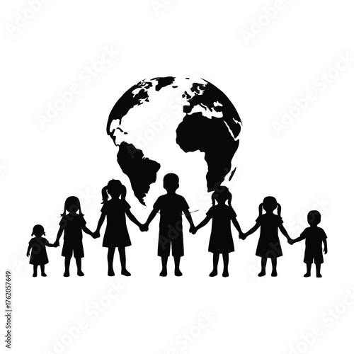 World Children's Day concept design with silhouettes of children holding hands with a globe background,