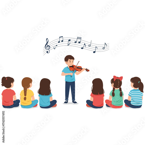 Young violinist performs for attentive children during music lesson.