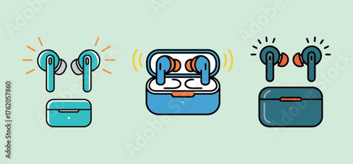 True wireless earbuds and charging case icons set, modern in-ear headphones technology vector illustration.