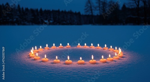 Serene winter solstice candle arrangement in snowy evening landscape for seasonal celebration imagery