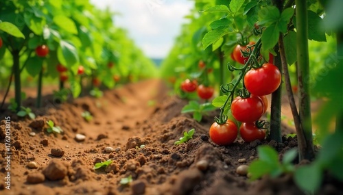 Sun-drenched Tomatoes Ready for Harvest Vibrant Red Ripe Tomatoes Growing on Lush Green Vines in a Sunny Field, showcasing a picturesque agricultural scene of abundant foliage and rich soil.