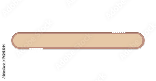 A minimalist, horizontally bar label/banner 
element with highly rounded corners. a solid light beige or tan color, framed by a thin darker border, and features a row of small white circles