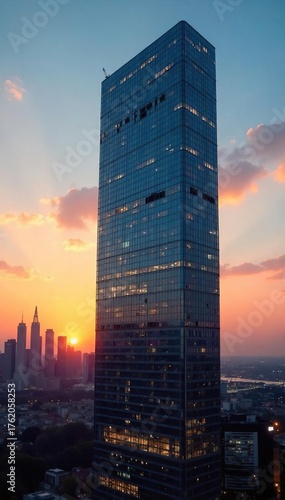 Modern Glass Skyscraper Reflecting City Skyline at Sunset Stunning Architectural Detail of a Sleek Office Tower Perfect for Corporate Real Estate and Architecture Projects
