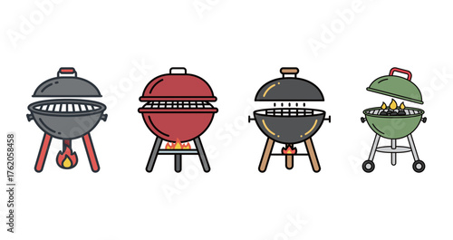 Outdoor charcoal kettle grill icons set with fire and flame, summer barbecue party concept vector illustration.