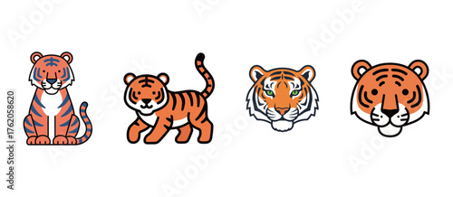 Cute tiger icons set in various poses and head portraits, wild animal vector illustration.