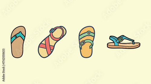 Set of summer sandals and flip-flop icons, beach footwear and casual shoes vector illustration.