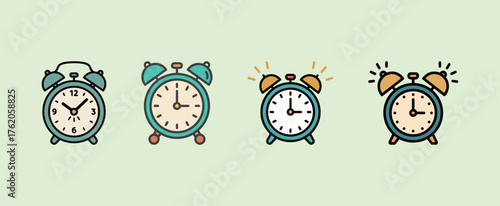 Set of four cute cartoon alarm clock icons with ringing bells and different colors on a light green background