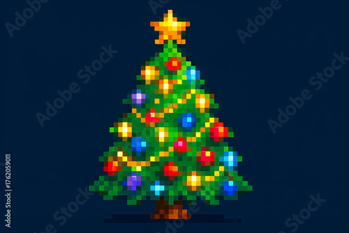 Pixel art Christmas tree with colorful lights