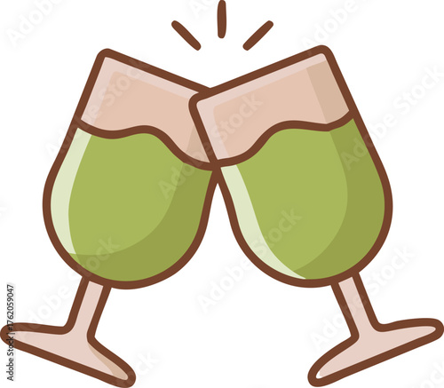 Two green liquid filled glasses clinking on white background clinking glasses toasting
