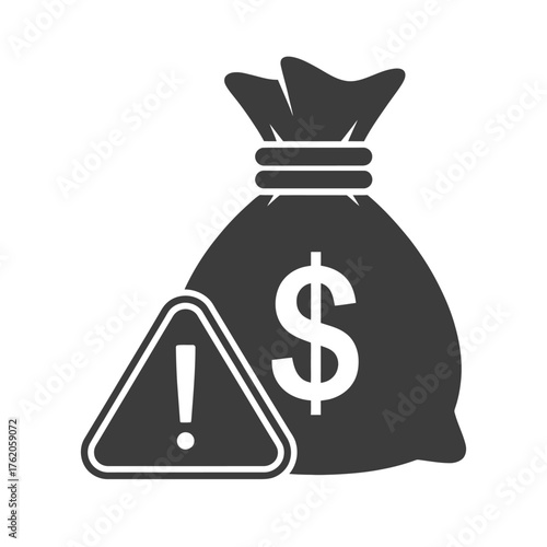 Money bag with dollar sign and exclamation mark isolated on white background representing risk