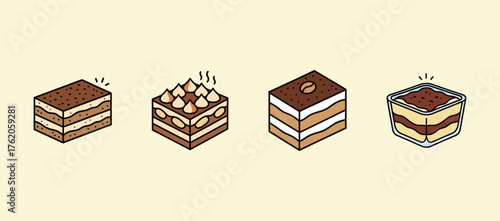 Set of four delicious tiramisu cake icons in different styles for dessert and coffee shop design